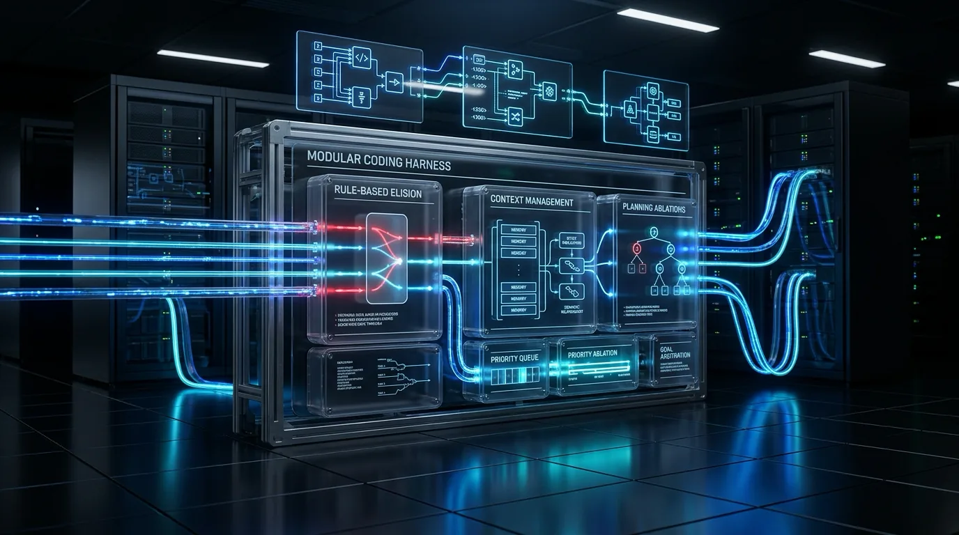 Ilustrasi Arsitektur Teknis 16:9 An Empirical Study of Harness Design 2026: Anatomi 176 Konfigurasi Modular, Rule-Based Elision vs LLM Summarization, dan Paradigma Action Space pada Autonomous Coding Agents