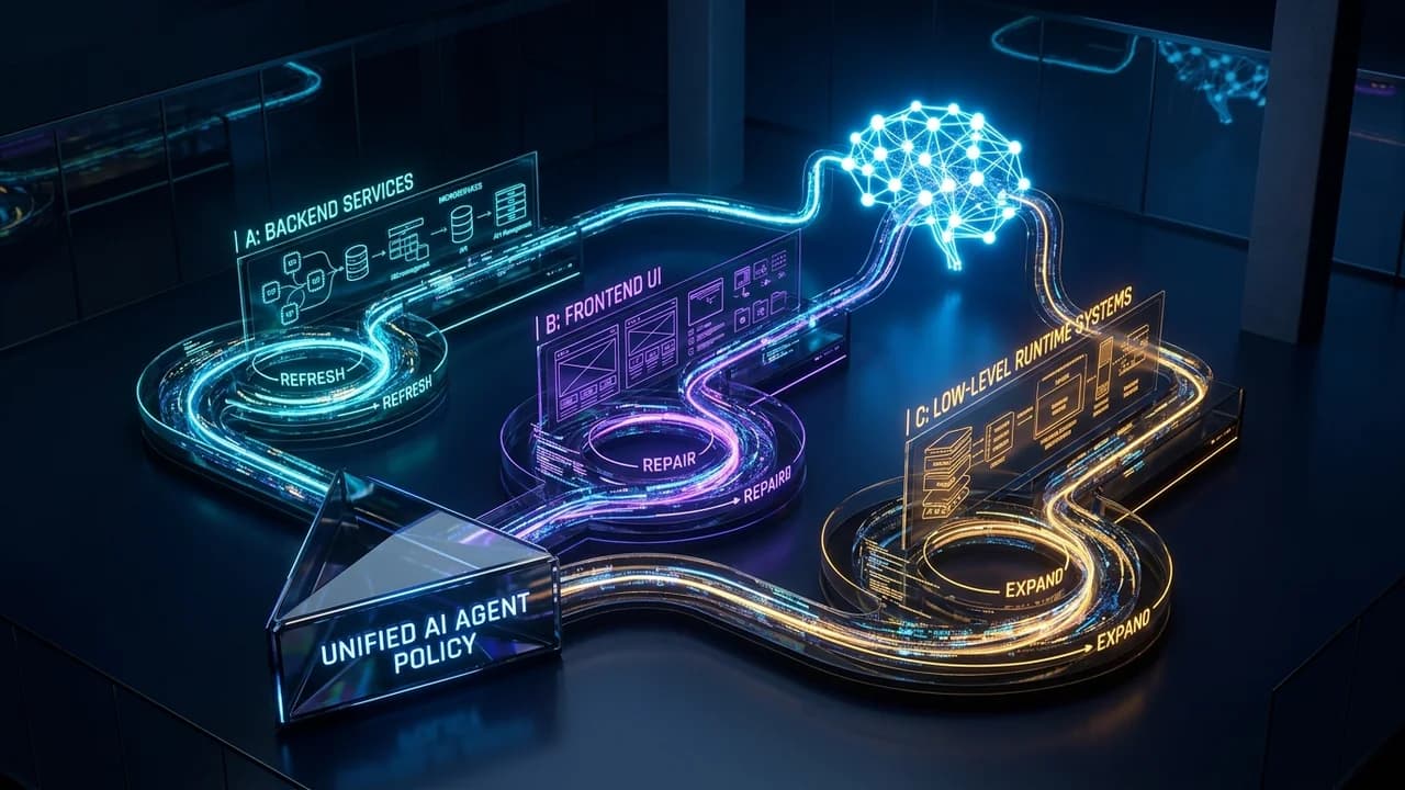 Ilustrasi Arsitektur Teknis 16:9 One to More, More to One 2026: Arsitektur Category-Aware Iterative Expert Training, Algoritma Agentic-miniRL & RRE, dan Multi-Teacher On-Policy Distillation (MOPD) pada Autonomous Software Engineering Agents