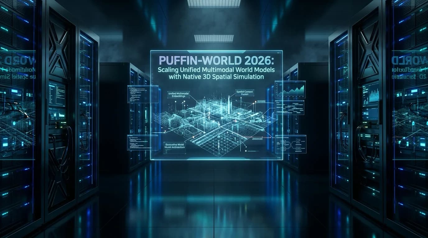 Ilustrasi Arsitektur Teknis 16:9 Puffin-World 2026: Scaling Unified Multimodal World Models dengan Native 3D Spatial Simulation