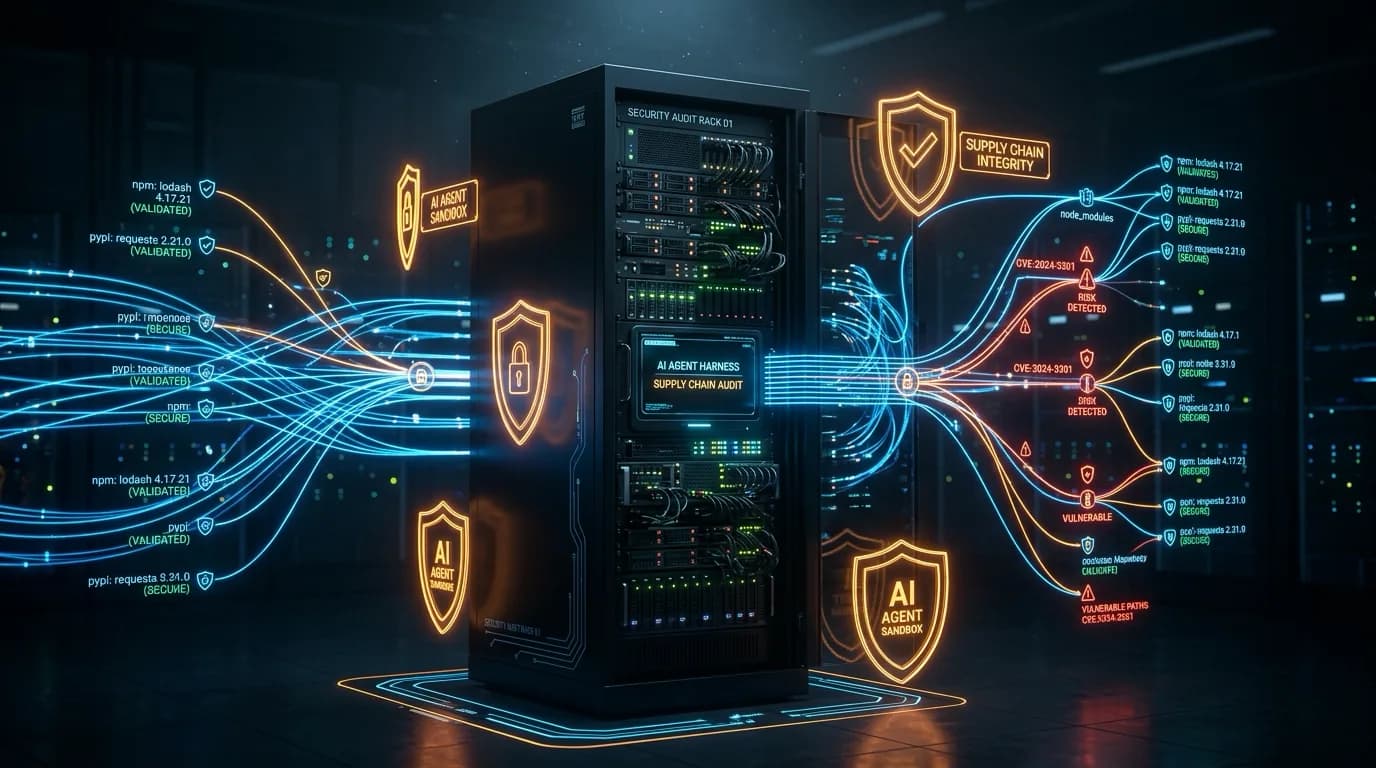 Ilustrasi Arsitektur Teknis 16:9 Scanning the Harness 2026: Studi Empiris Cacat Supply-Chain pada Konfigurasi AI Coding Agents, Unpinned MCP Servers, dan Runtuhnya Ilusi Scoped Permissions