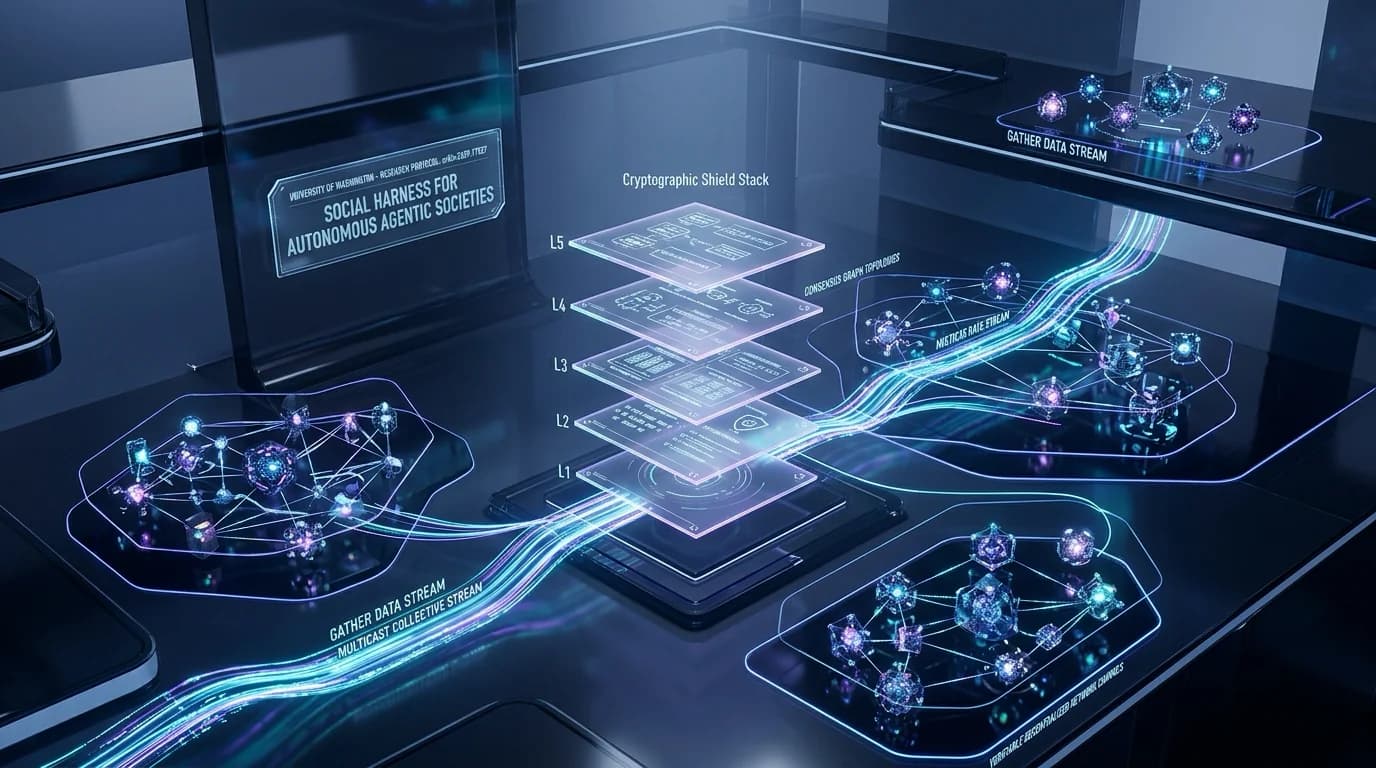 Ilustrasi Arsitektur Teknis 16:9 Social Harness 2026: Arsitektur 5-Layer Stack, Collective Communication Primitives, dan Personal Firewalls untuk Kolaborasi AI Agents Lintas Batas Kepercayaan