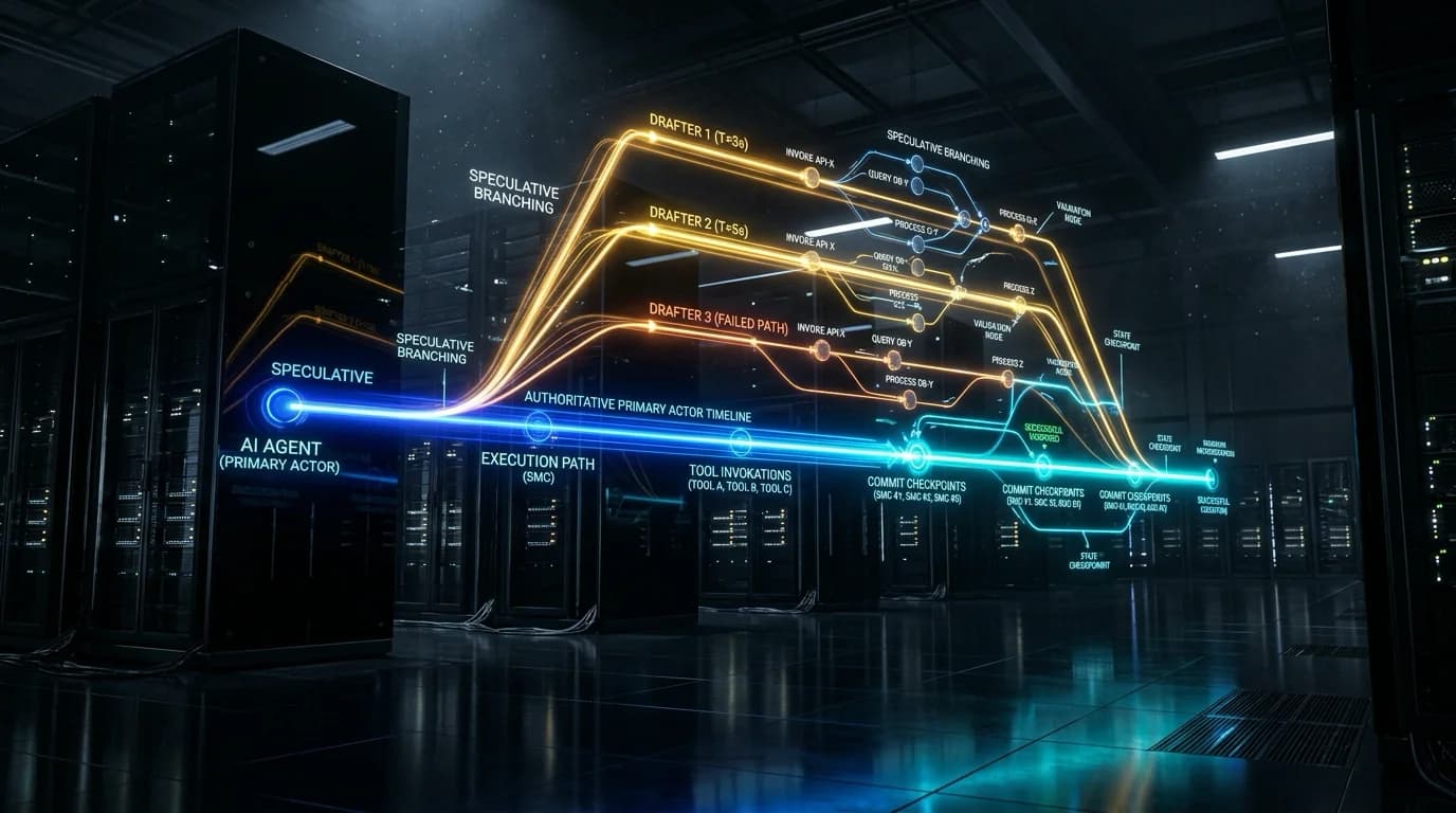 Ilustrasi Arsitektur Teknis 16:9 Speculative Macro Commit (SMC) 2026: Arsitektur Two-Tier Speculative Drafter, Isolated Environment Snapshot, dan Multi-Action Macro Commit untuk Mengeliminasi Latensi Serial Autonomous AI Agents