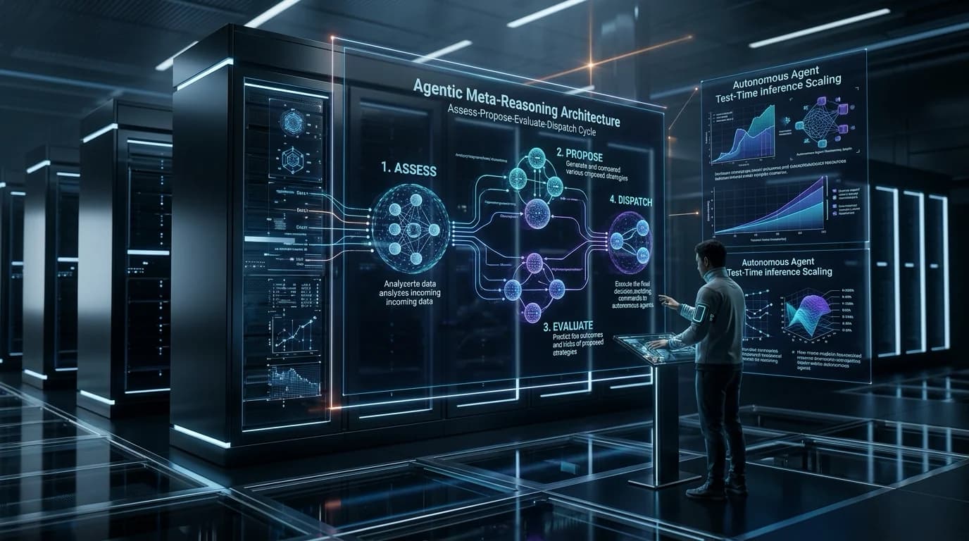 Ilustrasi Arsitektur Teknis 16:9 Thinking Before Thinking 2026: Arsitektur Agentic Meta-Reasoning, Siklus 4-Tahap Assess-Propose-Evaluate-Dispatch, dan Penskalaan Test-Time Inference Agen Mandiri